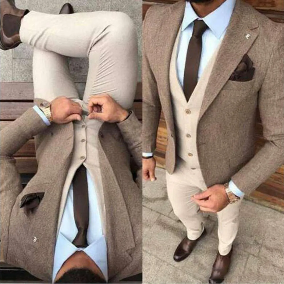 Parola spessa Ni Matrimonio Abito in tessuto tweed invernale Beige Slim adatto a pantaloni da uomo con cappotto da ballo (giacca
