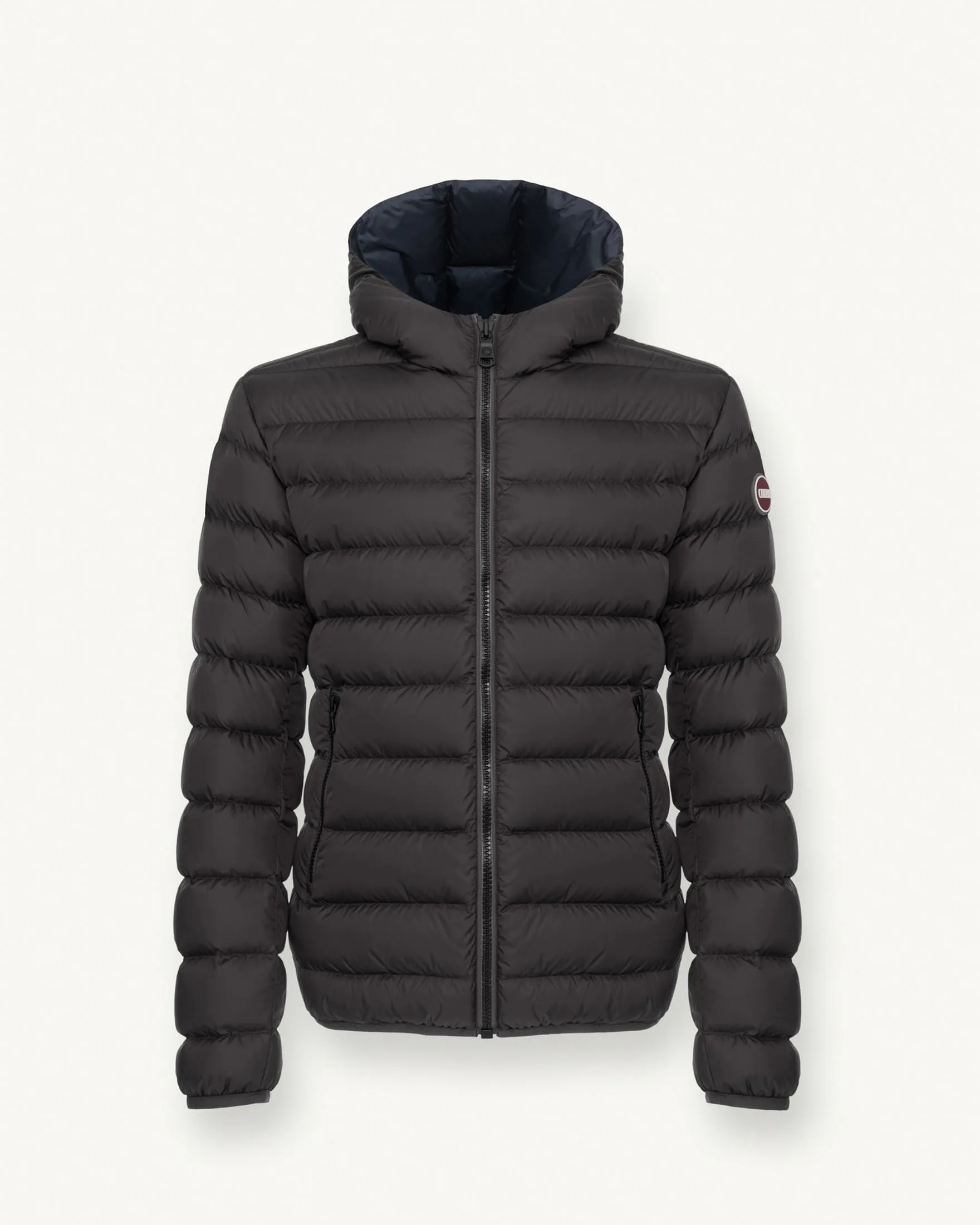 Piumino antracite con cappuccio in nylon semilucido con fodera blu navy