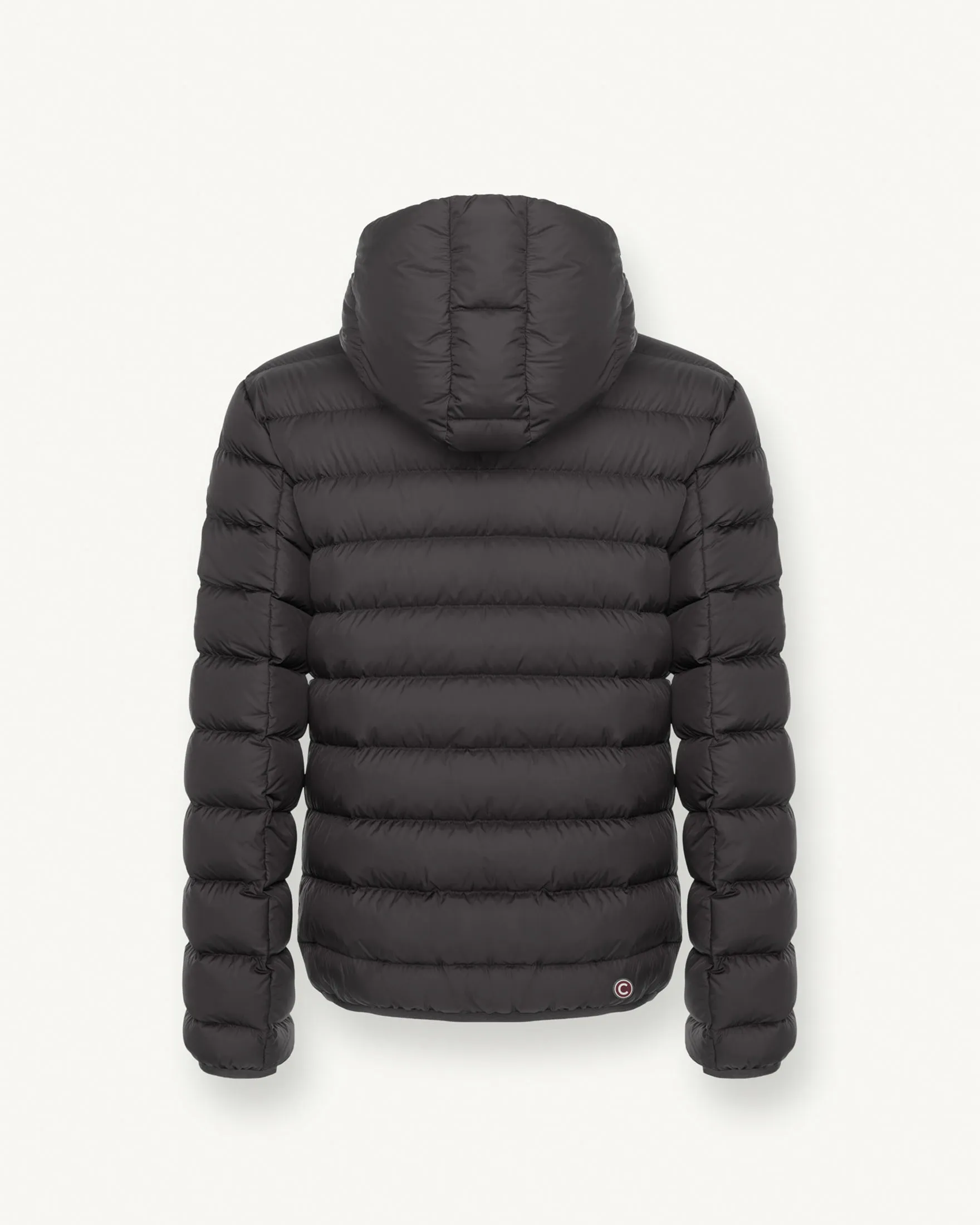 Piumino antracite con cappuccio in nylon semilucido con fodera blu navy