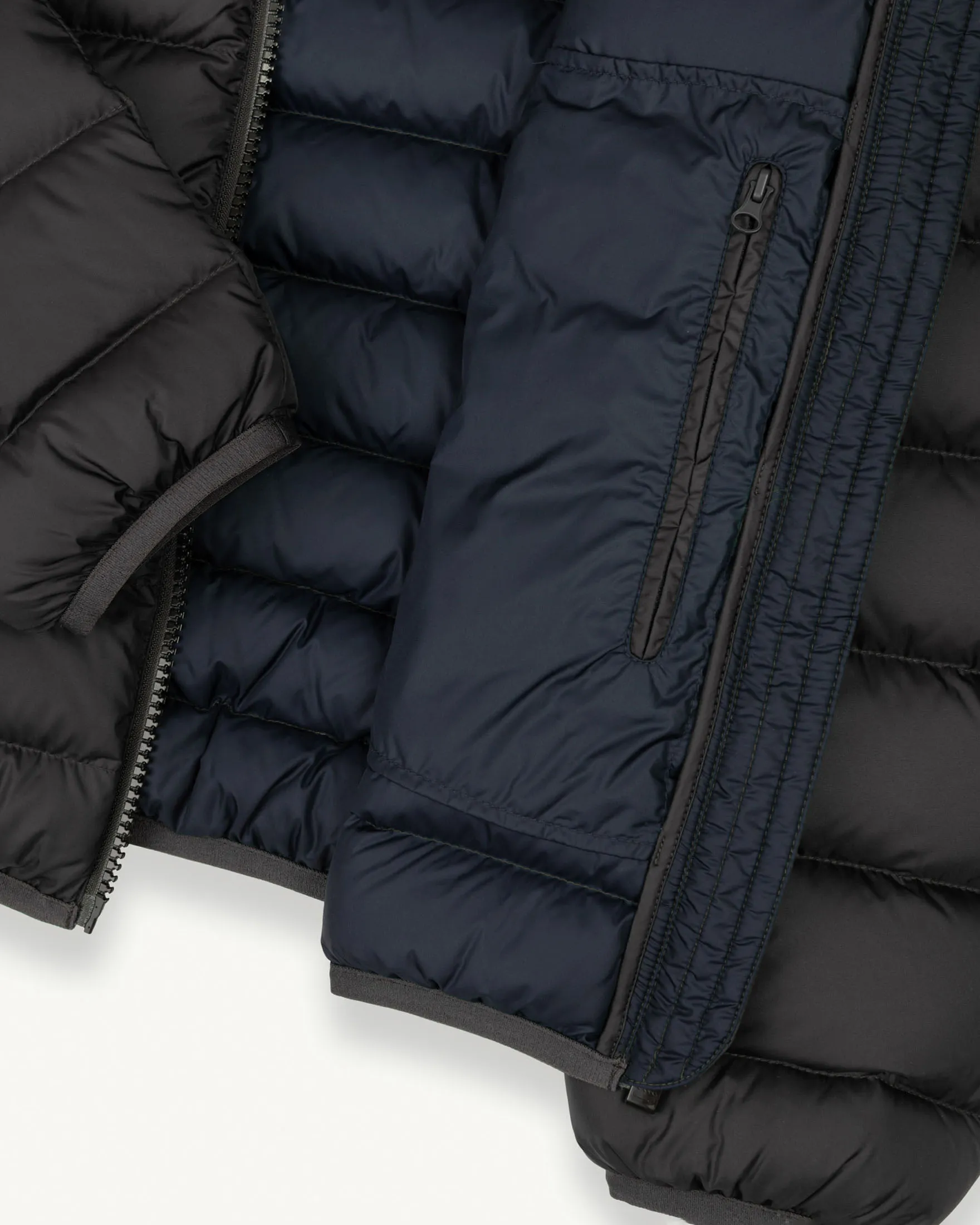 Piumino antracite con cappuccio in nylon semilucido con fodera blu navy
