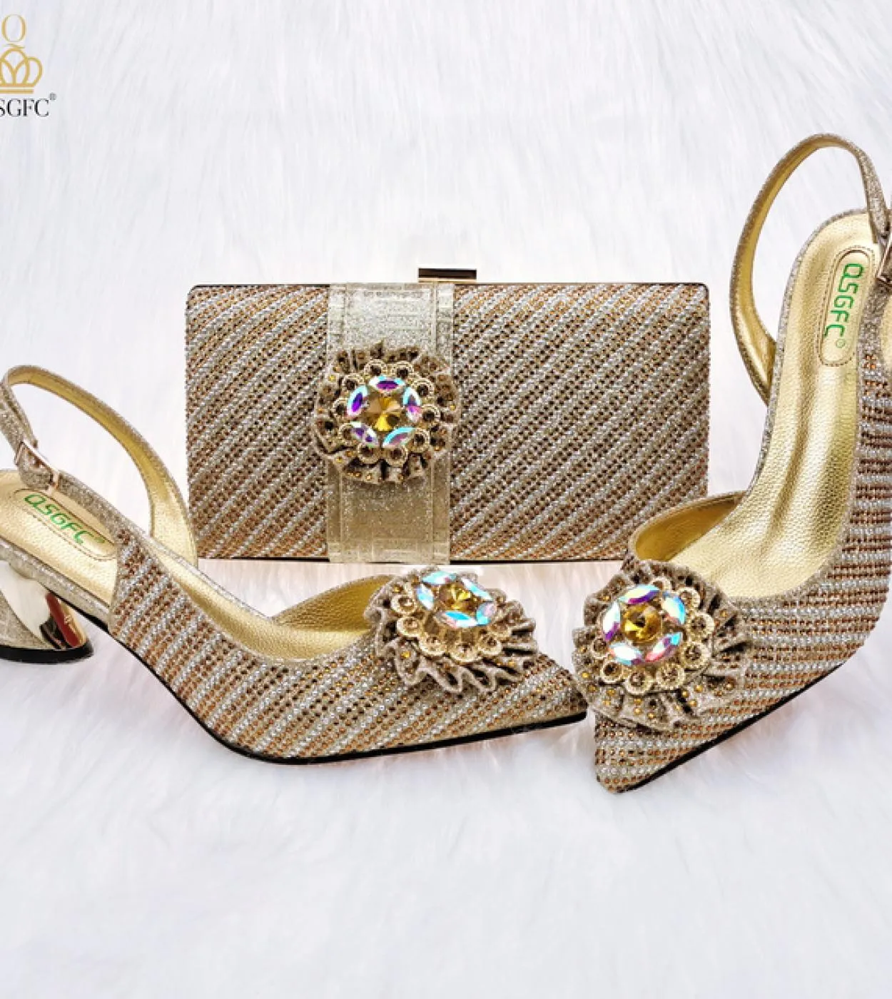 Qsgfc Set di scarpe e borse da donna per feste di design di fiori con strass di moda color caffè di ultima moda
