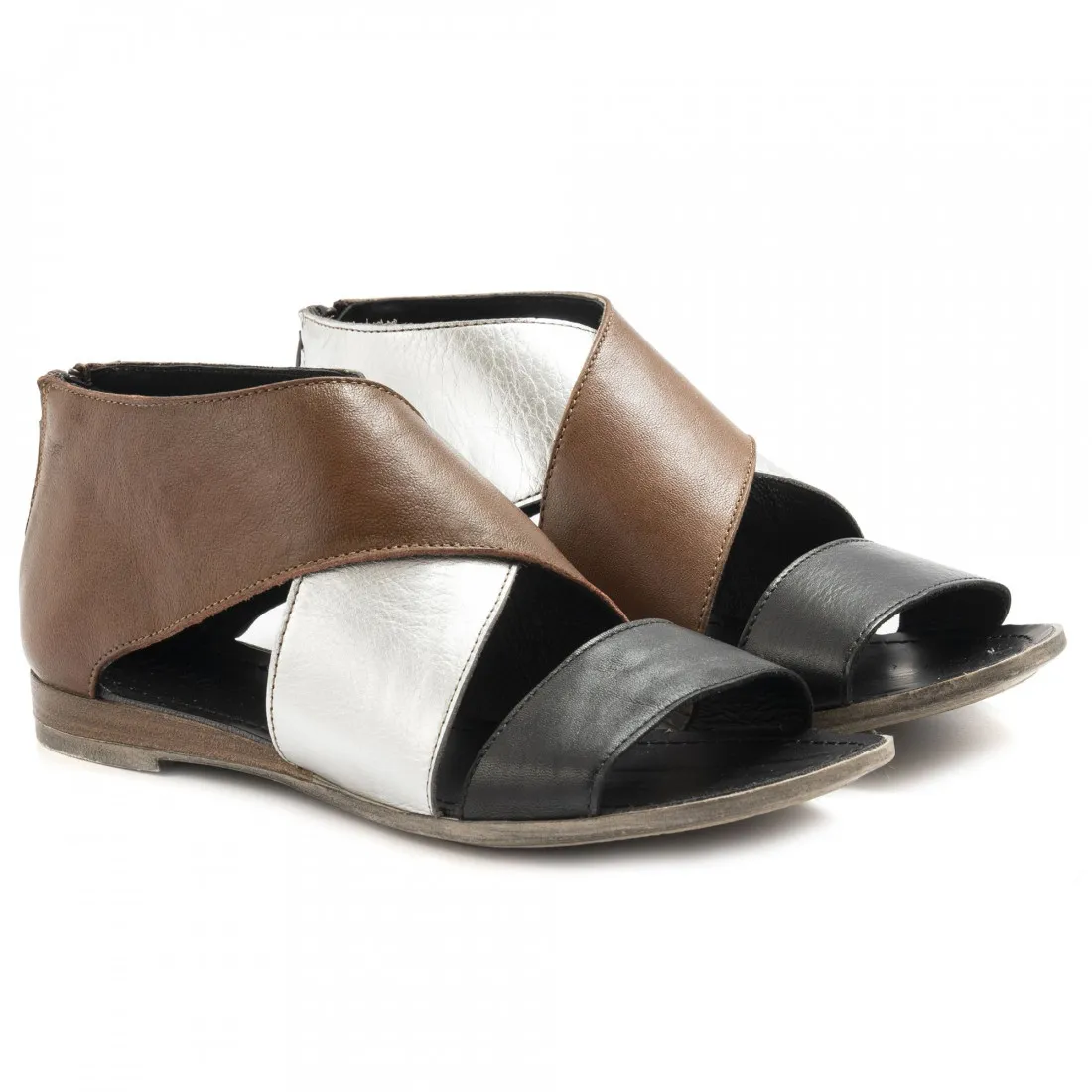Sandalo donna Le Bohemien in pelle marrone argento e nera