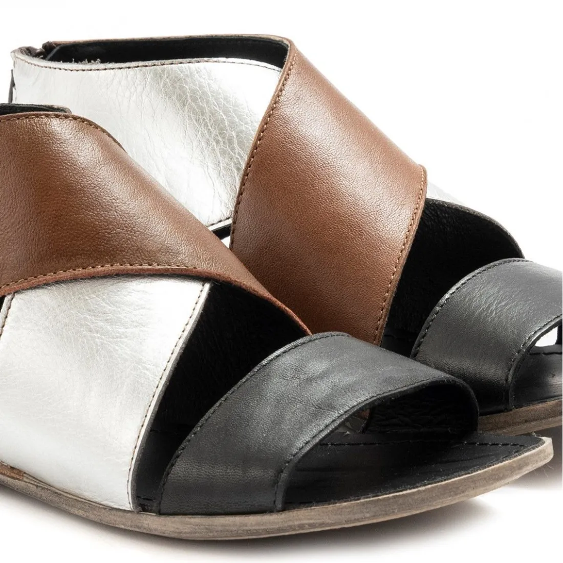 Sandalo donna Le Bohemien in pelle marrone argento e nera