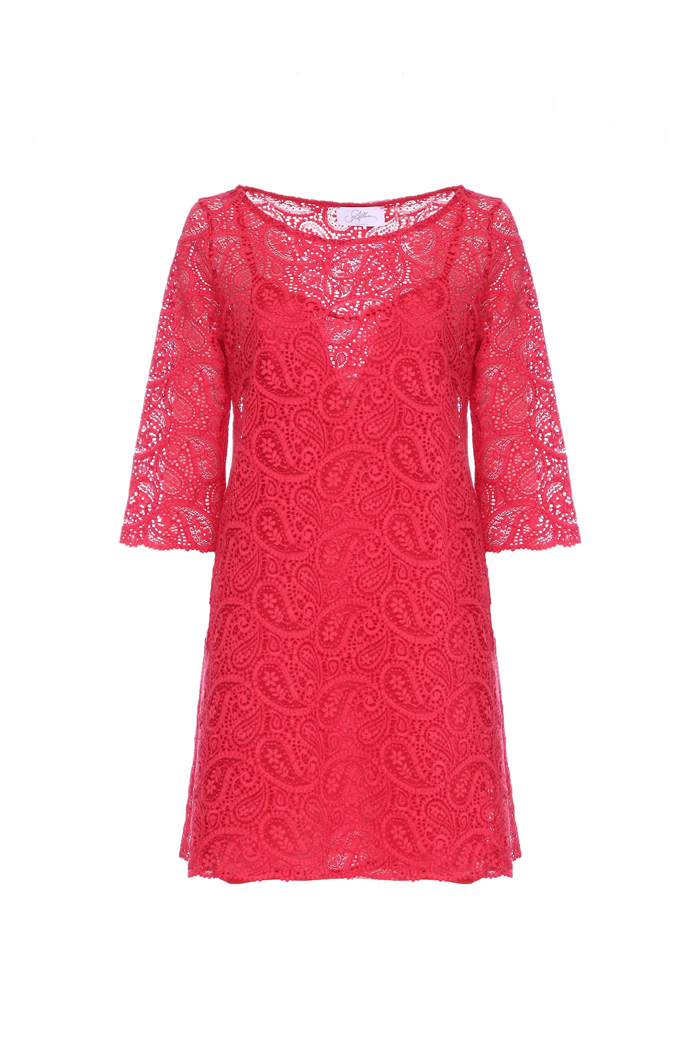 SHORT TUNIC DRESS WITH LACE BOAT NECKLINE