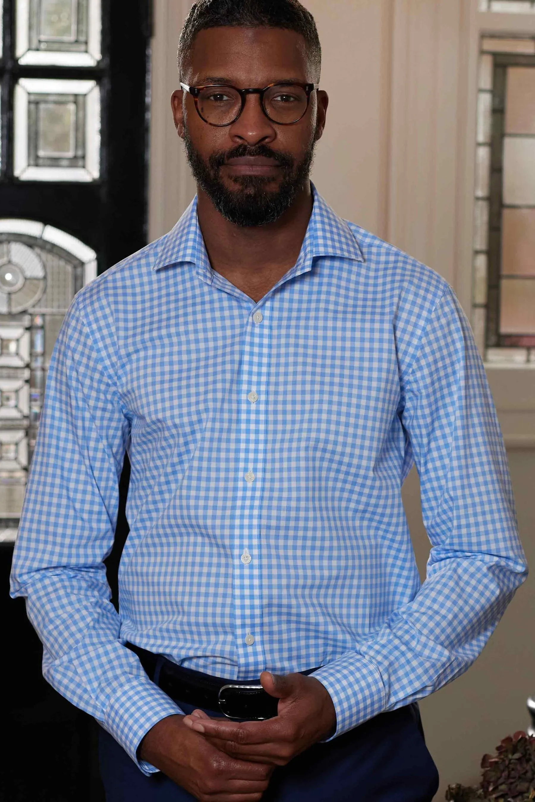 The Savile Row Company Vestibilità attillata / Slim Blu - Savile - Camicia a righe con A quadri polsino singolo