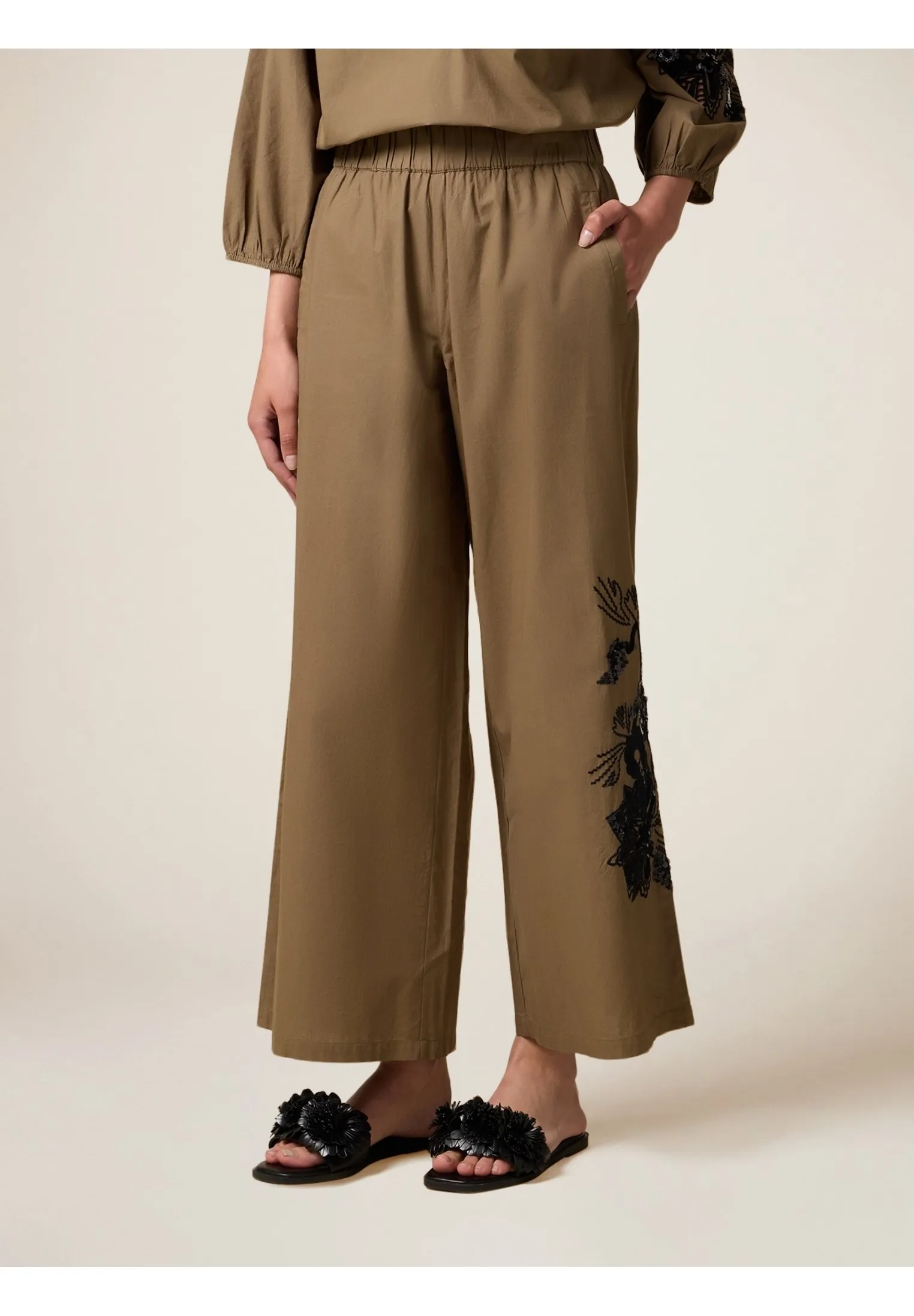 WIDE LEG CROPPED RICAMI - Pantaloni