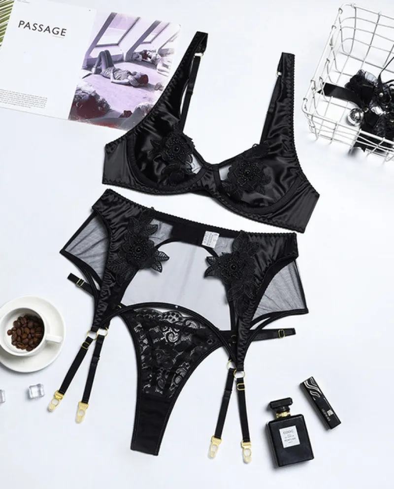 Yimunancy Set di 3 pezzi di reggiseno di pizzo Set di mutandine floreali da donna con ritaglio ricamato